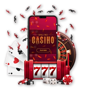 Online casino spil illustration med spilleautomater, kort og terninger